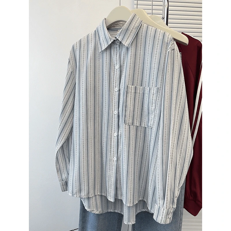 全额运费补贴气质通勤纯棉精品显瘦遮肚子慵懒女衬衫条纹蓝色0082