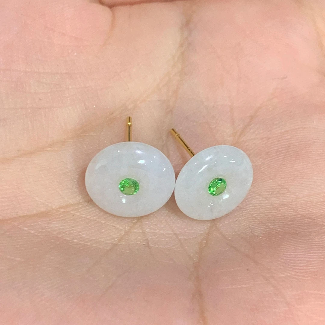 天然A货翡翠白冰绿砖小巧精致百搭小耳钉多样性发其一翡翠耳钉