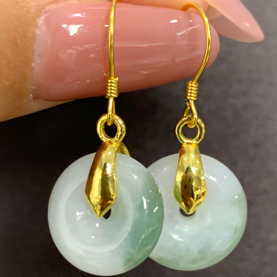 天然a货翡翠白底飘阳绿色平安扣耳坠