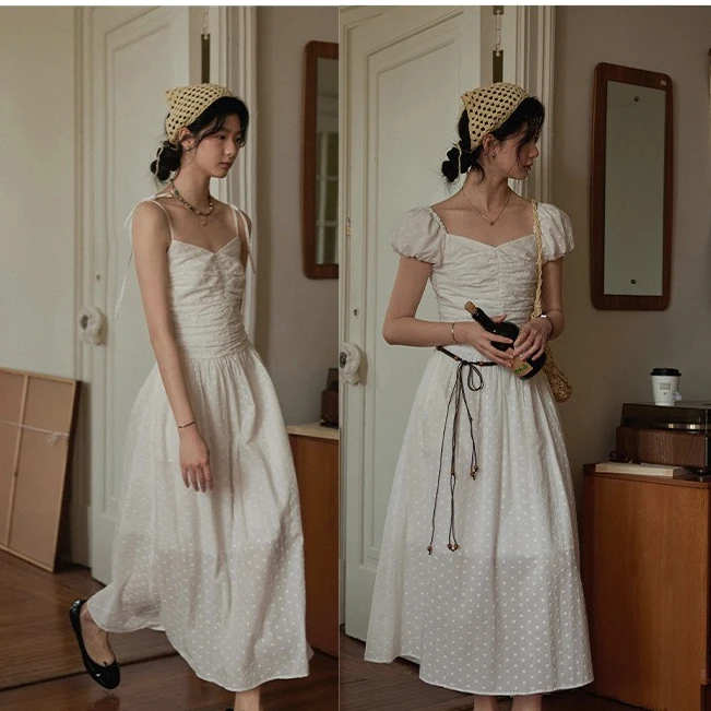 Nicepeople2024SS 压绉线描印花/白色绣花气质设计感法式连衣裙