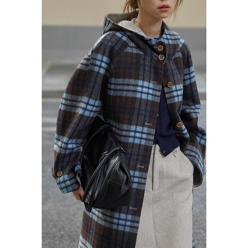 Nice people2024AW复古格纹元素  手工连帽大衣外套