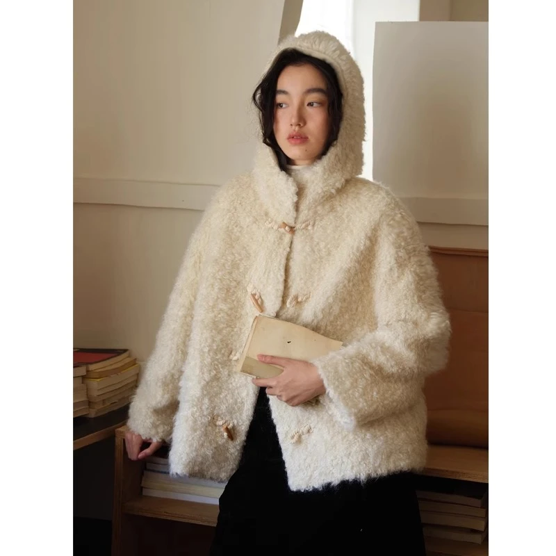 redlabel系列 高端高比例马海毛圈圈毛皮草白色连帽大衣毛毛外套