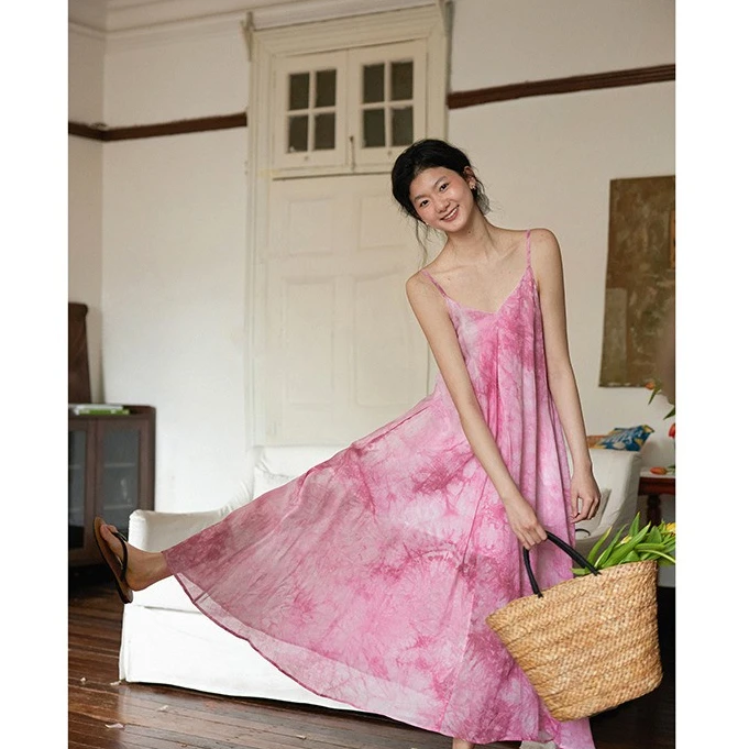Nice people2024SS  苎麻天丝粉色晕染无袖度假连衣裙