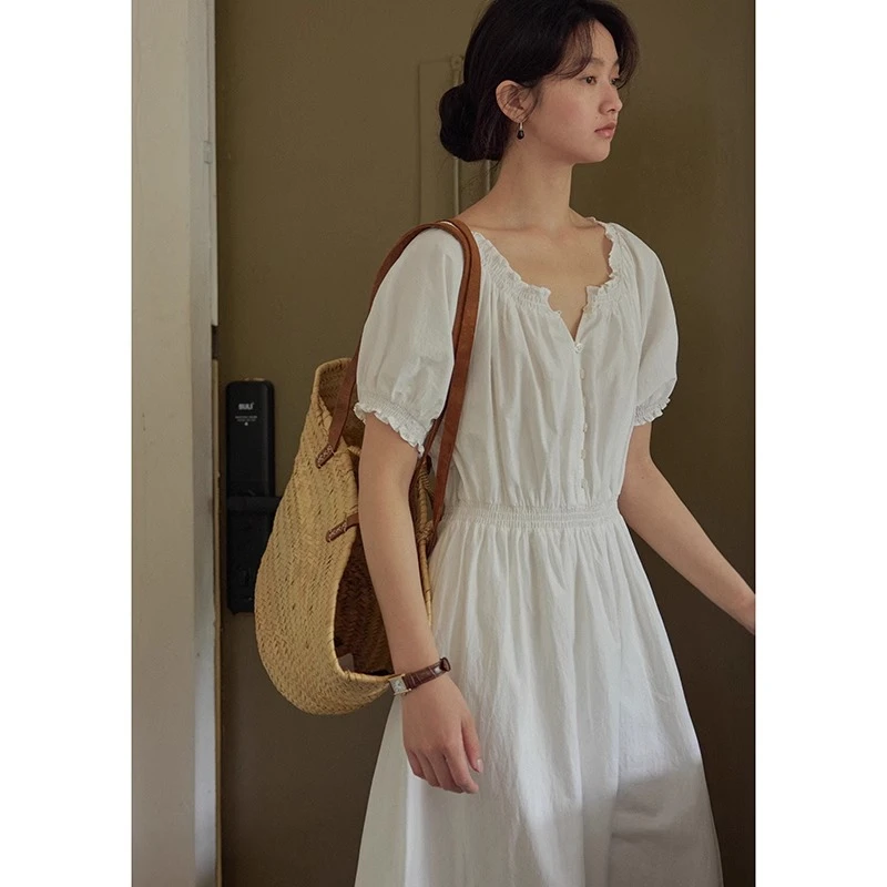 Nice people2024SS 纯白色V领打揽式收腰显瘦连衣裙