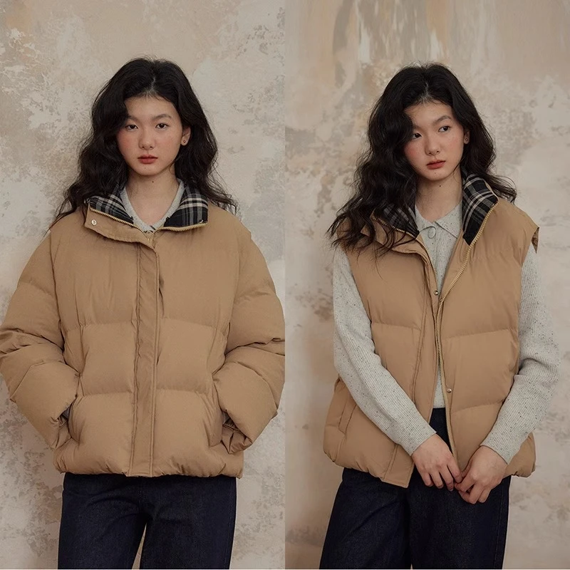 Nicepeople2024AW 经典格纹拼接一衣多穿可拆卸袖面包羽绒服马甲