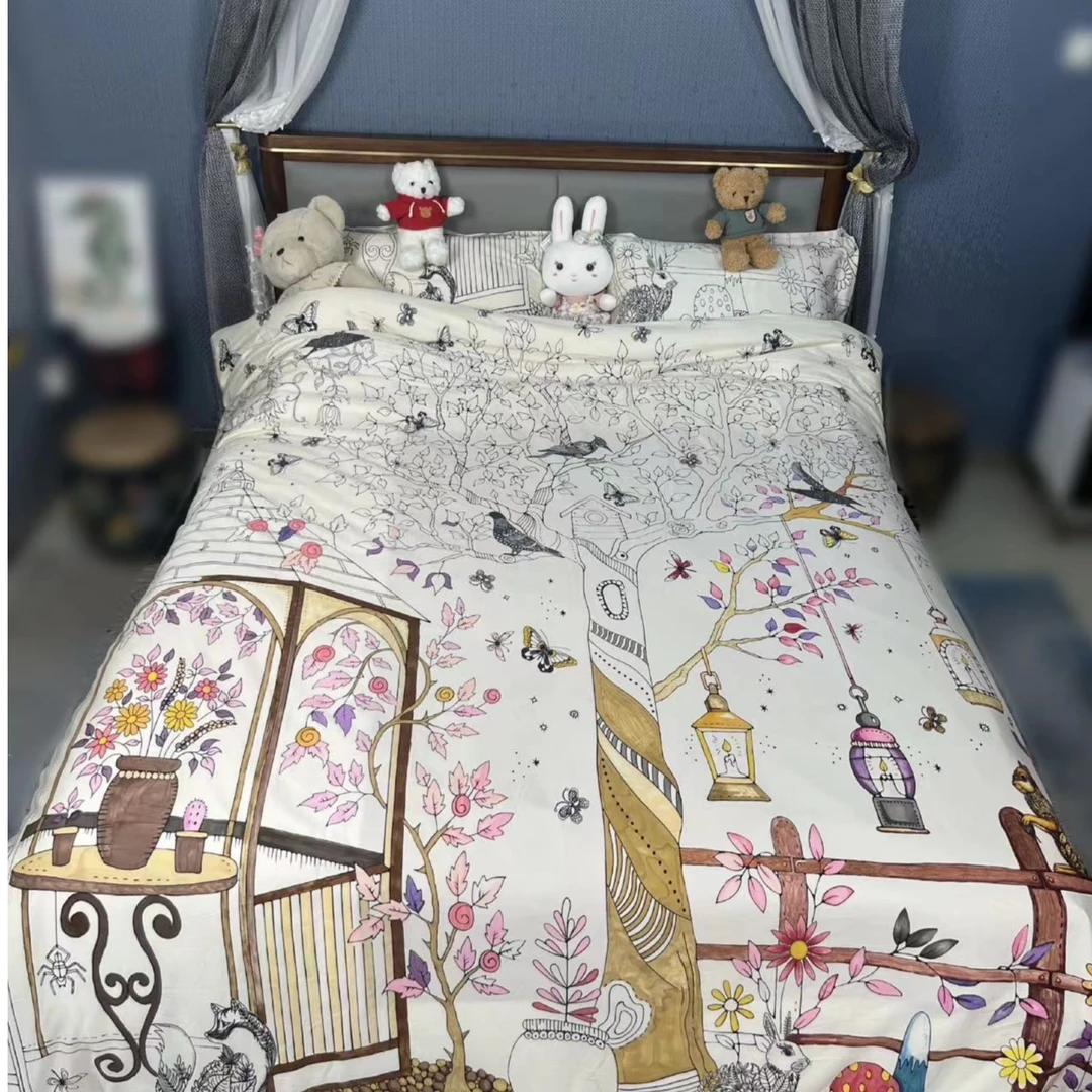 cs自主手绘梦幻花园数码印花四件套《送马克笔1盒》