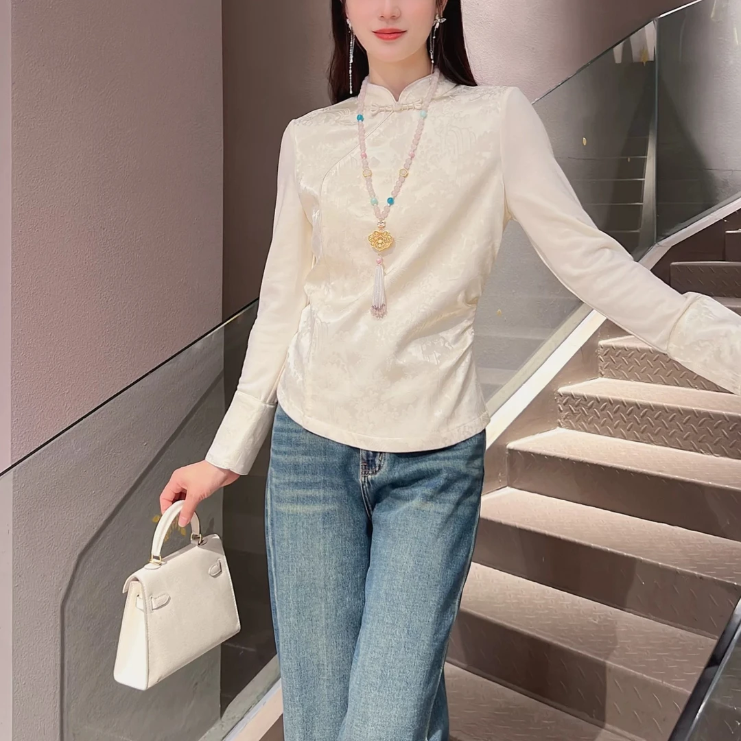 【FF】新中式立领提花衬衫初冬款国风盘扣打底衬衣上衣女