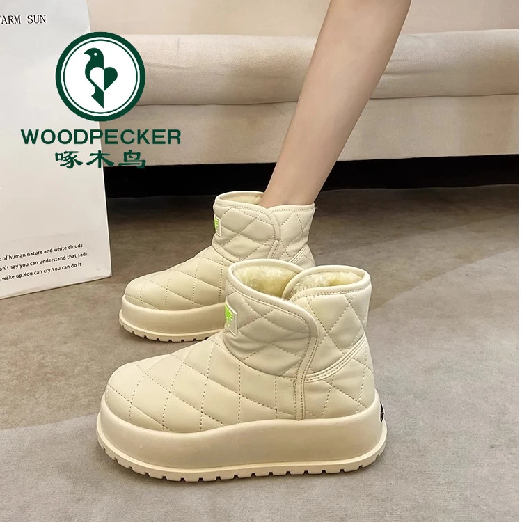 啄木鸟厚底雪地靴女冬加绒加厚保暖2025年防水防滑东北大棉面包鞋