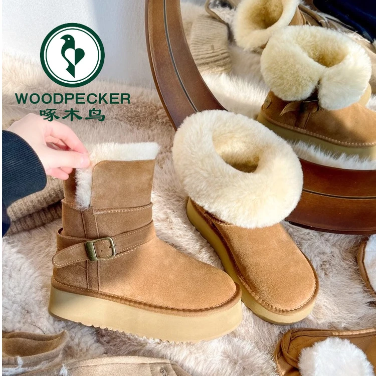 啄木鸟厚底雪地靴女2025冬季款短筒棉靴加绒加厚防水防滑绒面棉鞋
