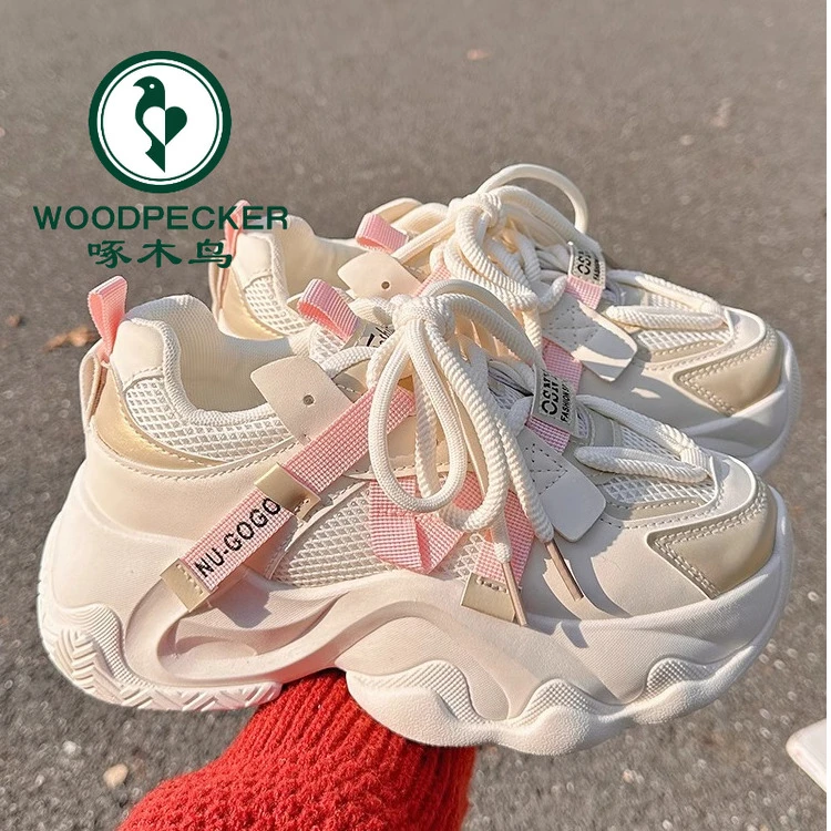 啄木鸟老爹鞋女2024新款爆款秋冬厚底增高鞋子韩系百搭小众小白鞋