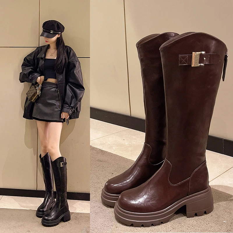 真皮高筒靴女2024冬季新款潮搭皮带扣厚底英伦显瘦辣妹长靴骑士靴