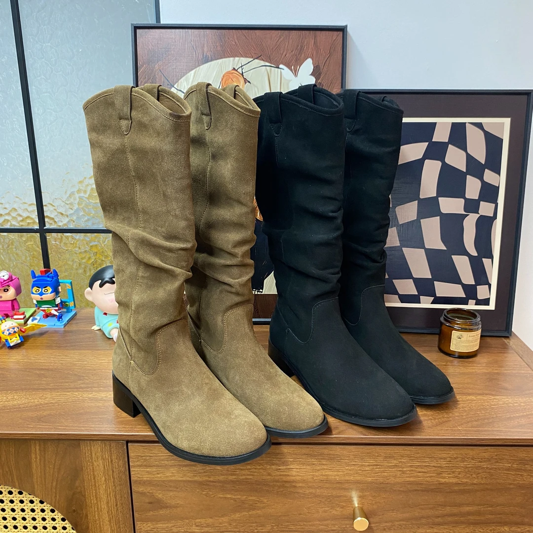 复古风百搭长靴骑士靴女2024秋冬新款圆头堆堆靴中跟西部牛仔靴潮