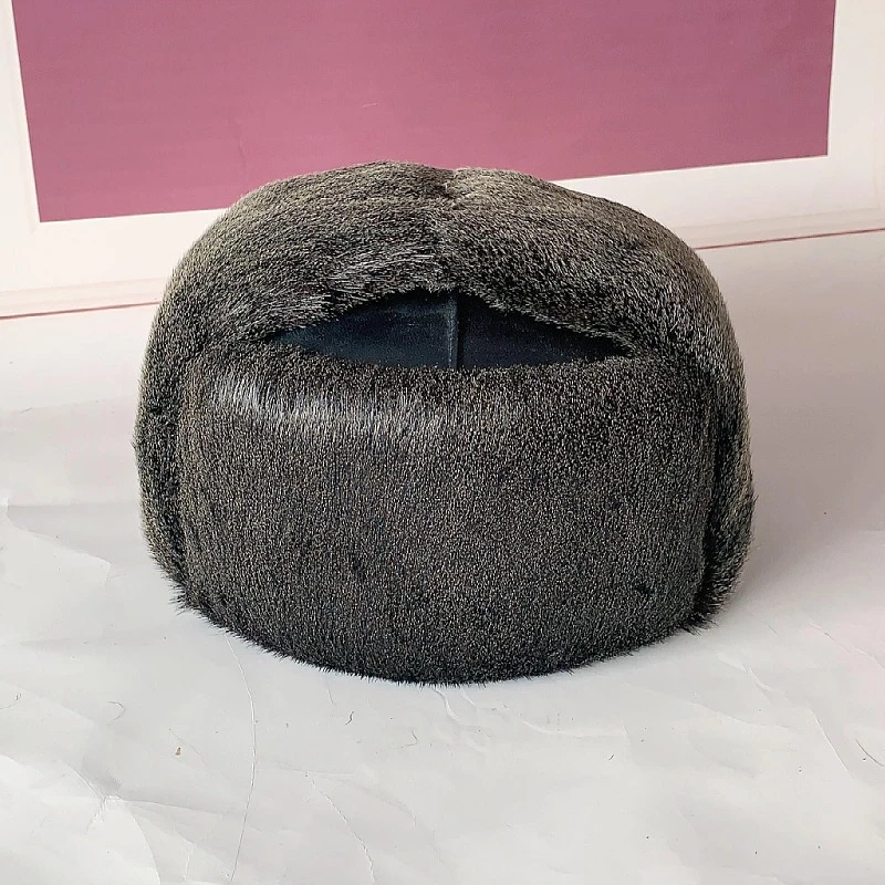 冬季保暖雷锋帽海豹毛保暖加厚棉帽真皮时尚百搭黑色防风护耳棉帽