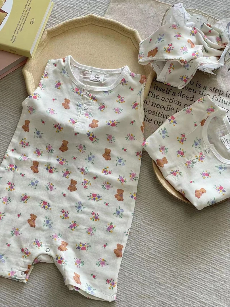 甜妈家～日单包屁爬服儿童碎花女童无袖满印背心