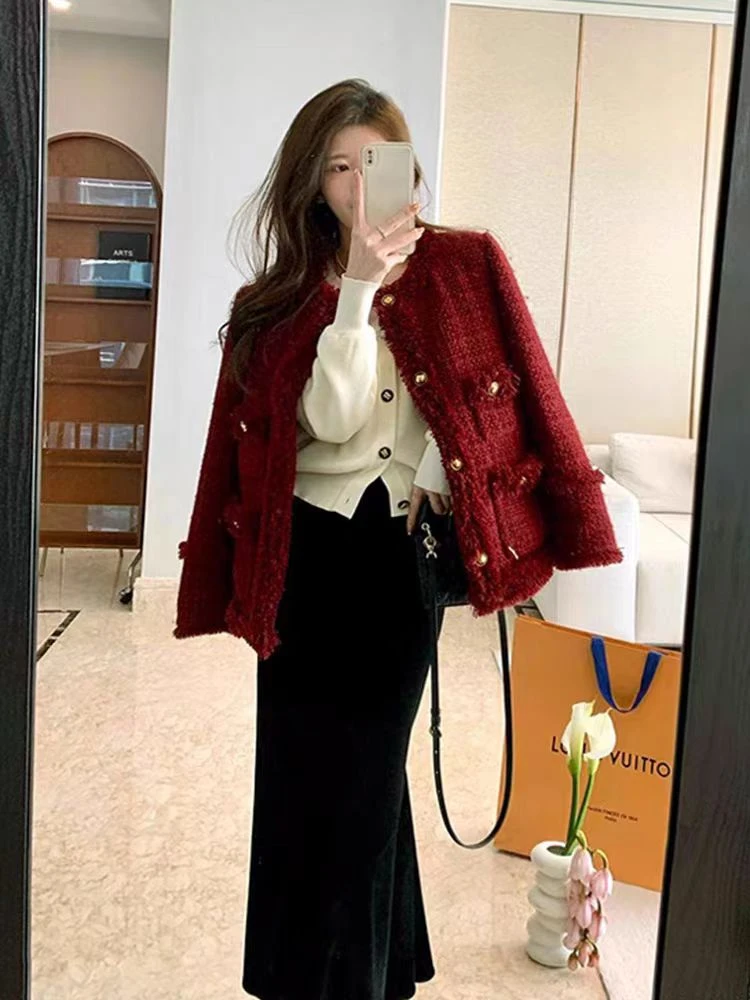 充绒加厚酒红色喜庆小香风外套保暖气质小个子短外套圣诞女装上衣