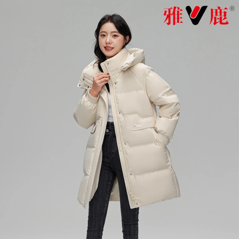 V/雅鹿2023中长款羽绒服女保暖连帽外套脱卸帽冬季白鸭绒羽绒服