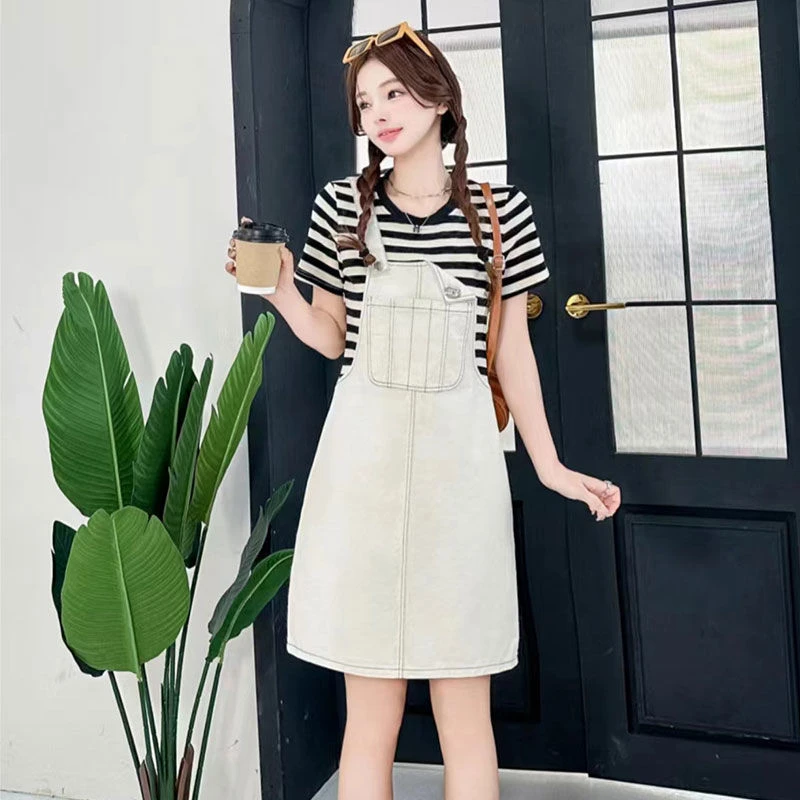 雅鹿假两件背带裙连衣裙2024夏季新款高腰显瘦短袖女款吊带裙子