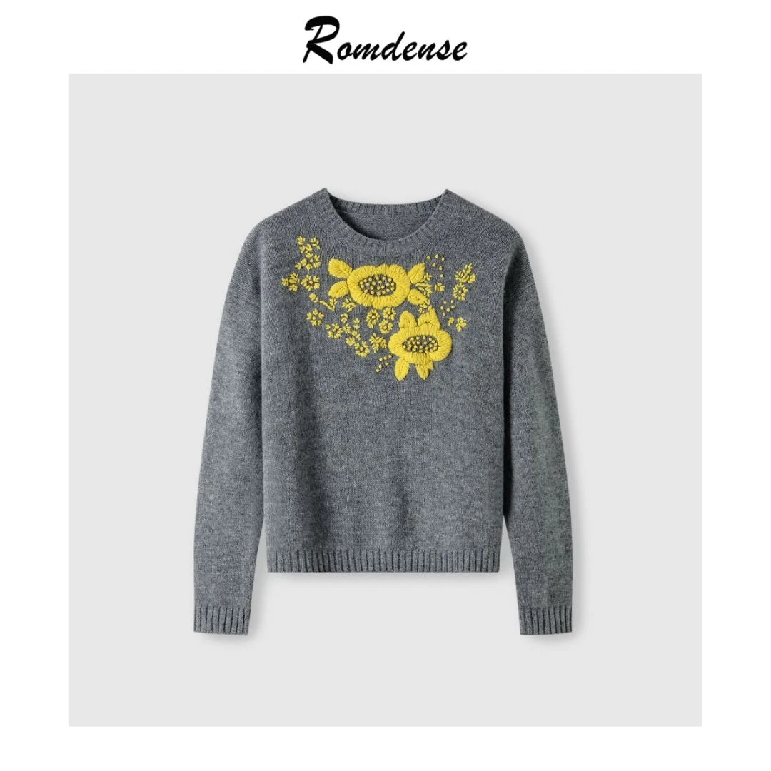 【ROMDENSE】100绵羊毛重工刺绣圆领花朵毛衣