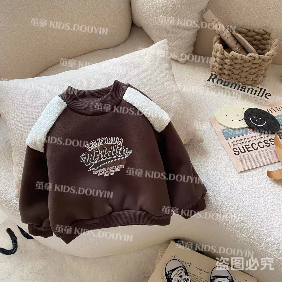 【麦麦妈】D224冬季韩系小童加绒撞色美式字母卫衣百搭休闲韩系