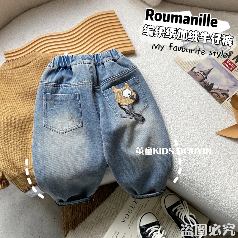 【麦麦妈】D414冬季中小童编织绣薄绒牛仔裤冬季新品男女宝宝休闲