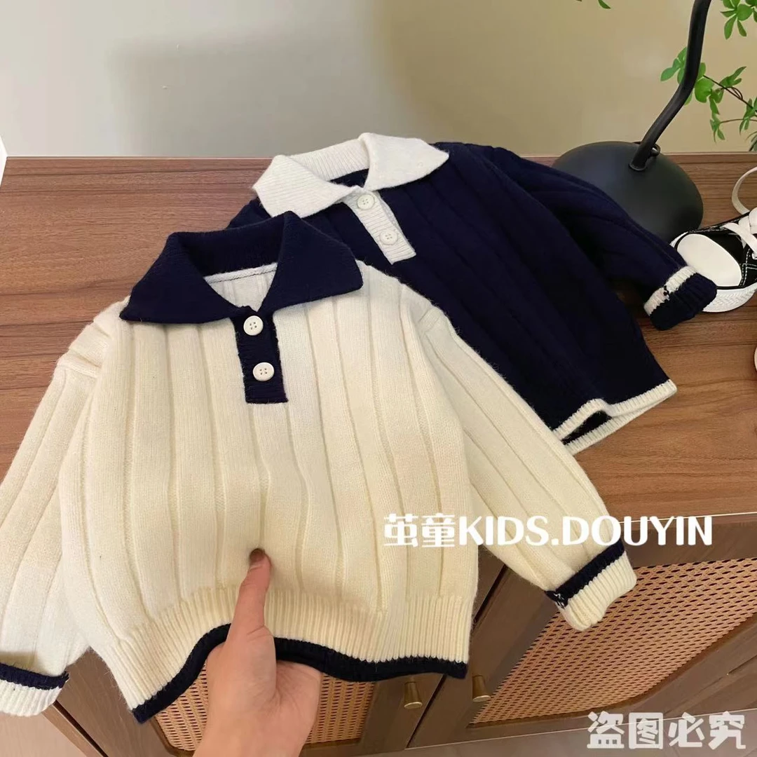【麦麦妈】Q375撞色POLO领套头毛衣秋季宝宝上衣针织百搭纯色加厚