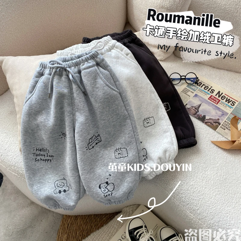 【麦麦妈】D390小童冬季卡通印花厚绒卫裤冬季新品男女宝宝休闲百搭