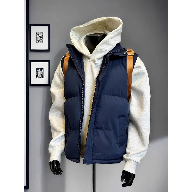 藏青色马甲棉服秋冬季加厚保暖潮牌韩版背心外套男oversize棉坎肩