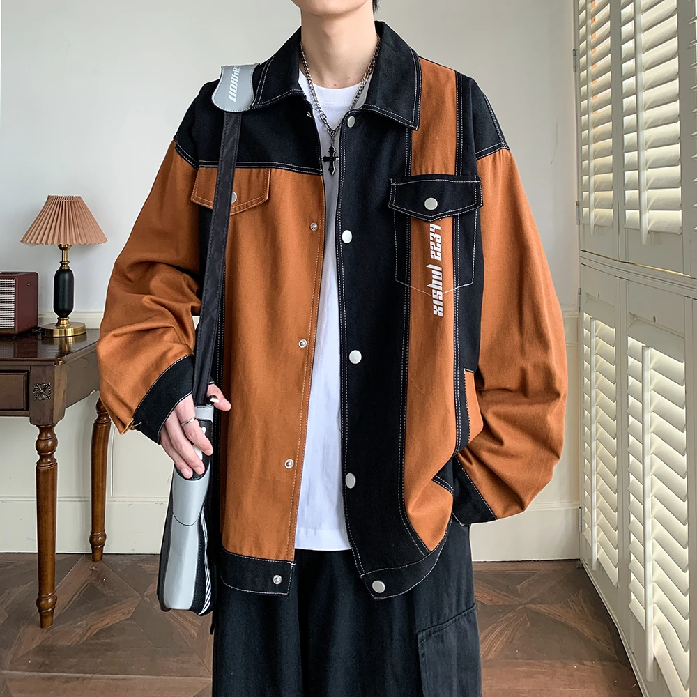 撞色拼接工装外套男秋季潮牌美式复古翻领上衣宽松高级感休闲夹克