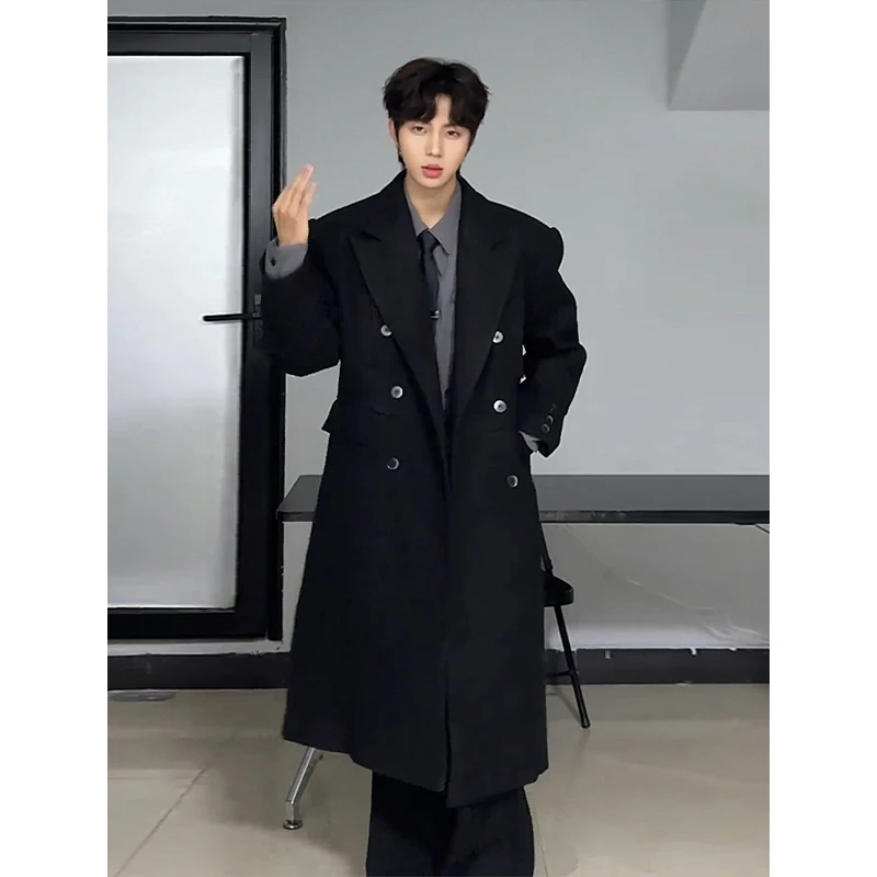 vintage黑色垫肩版型毛呢大衣男冬韩系穿搭高级感中长款风衣外套