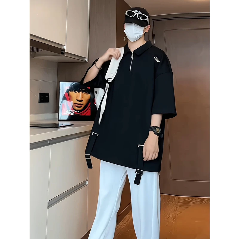 夏季潮流半拉链polo衫男生半袖小众重磅金属设计感绑带可调节宽松