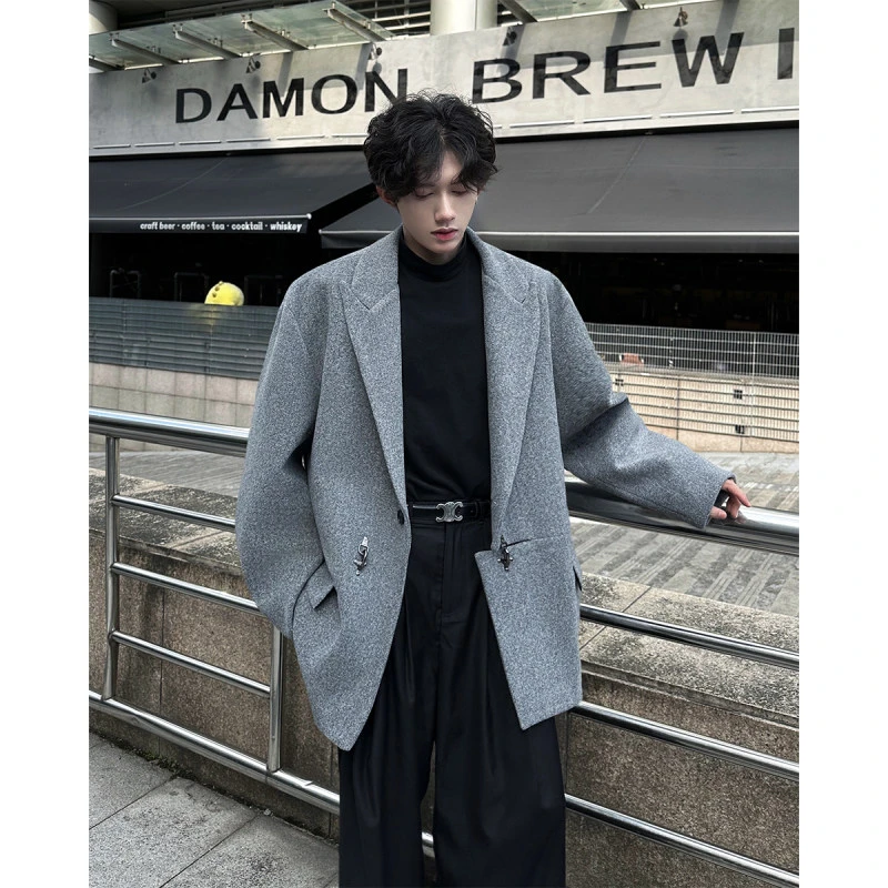 西装领毛呢大衣男士2024秋冬季小众金属飞机扣短款风衣英伦风百搭