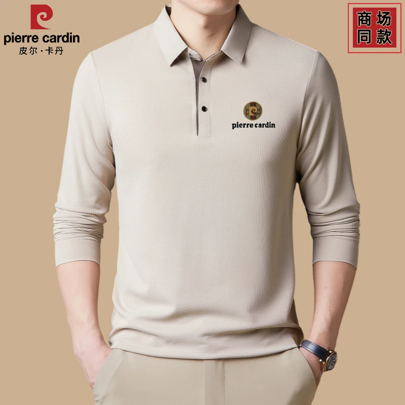 皮尔卡丹春秋高档长袖T恤男士薄款纯色Polo中年休闲翻领大码上衣