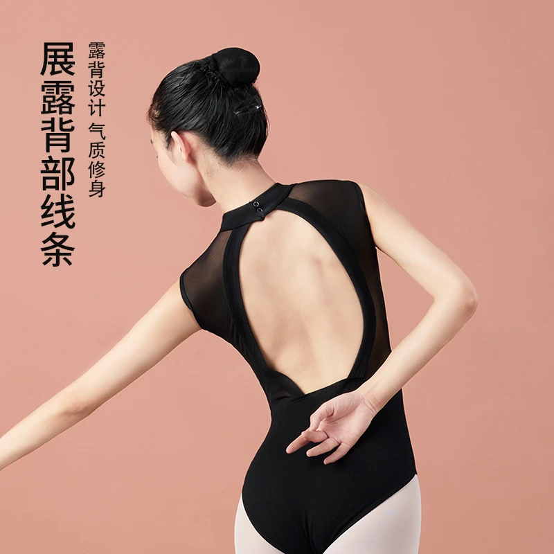 0100460  芭蕾舞服形体练功高领露背修身无袖连体黑色体操服