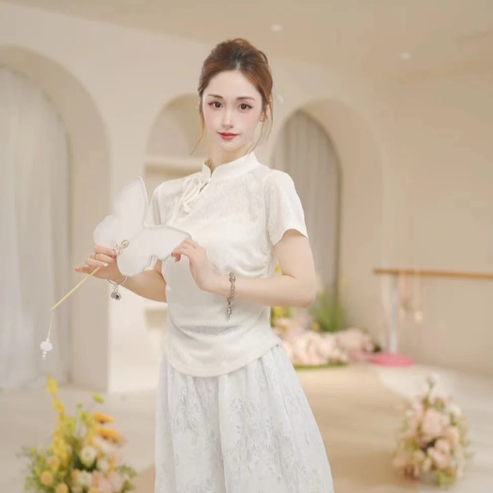 3152 D新中式古典舞舞蹈服国风盘扣提花面料上衣女夏季瑜伽服