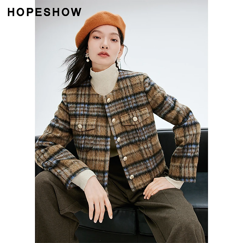 红袖2024新款女装 长毛格纹单排金属扣圆领外套90123360407