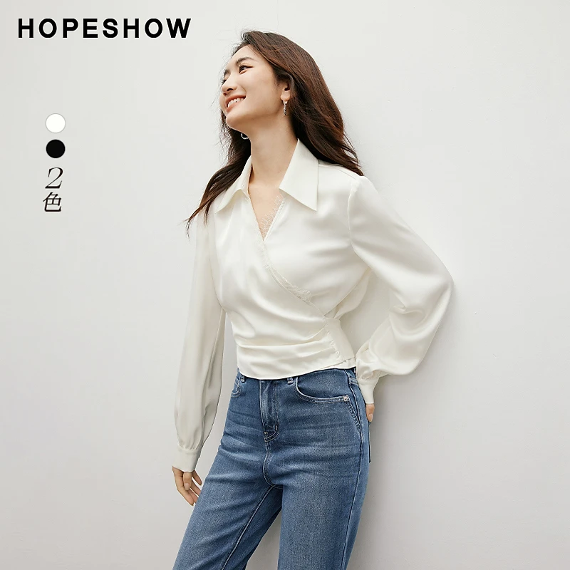 红袖秋季新款女装 正肩睫毛蕾丝V字翻领衬衫90124270303