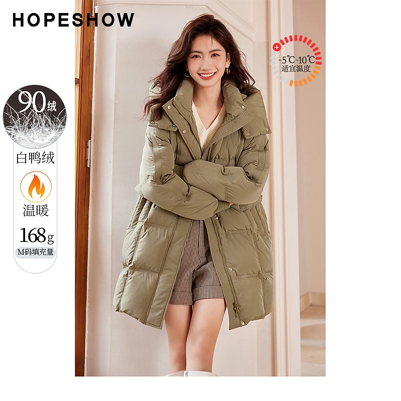 红袖冬季新款女装 抽绳罗纹浮雕插肩连帽羽绒服90122360902