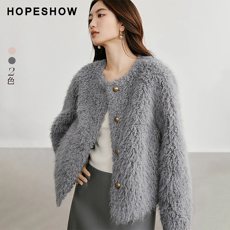 人造皮草 红袖女装 落肩单排扣圆领颗粒绒外套90124330409