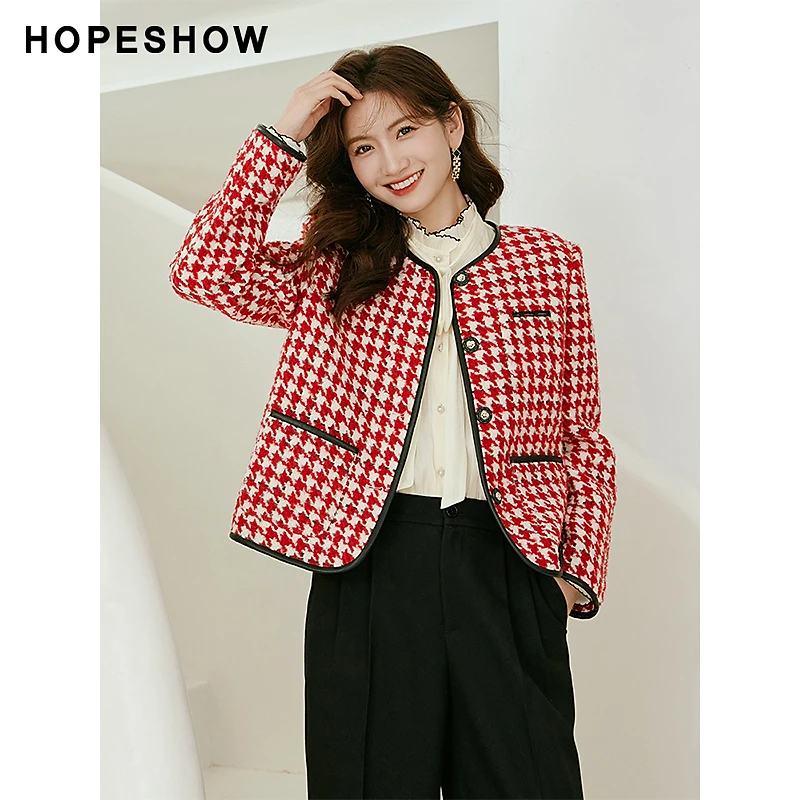 红袖冬季2024新款女装 香风撞色边H型单排扣圆领外套90222460404