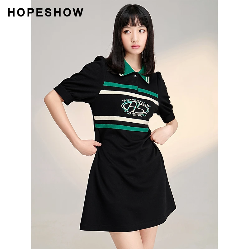 红袖新款女装 条纹字母绣翻领套头连衣裙89123101623