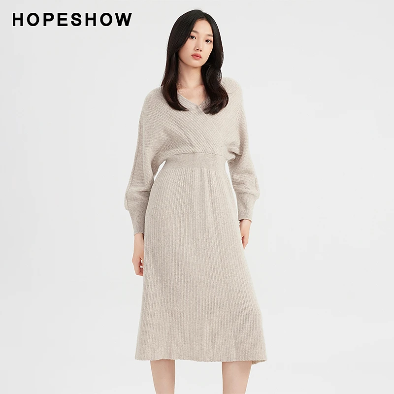 红袖冬季新款女装 X收腰V领套头针织连衣裙89323411604