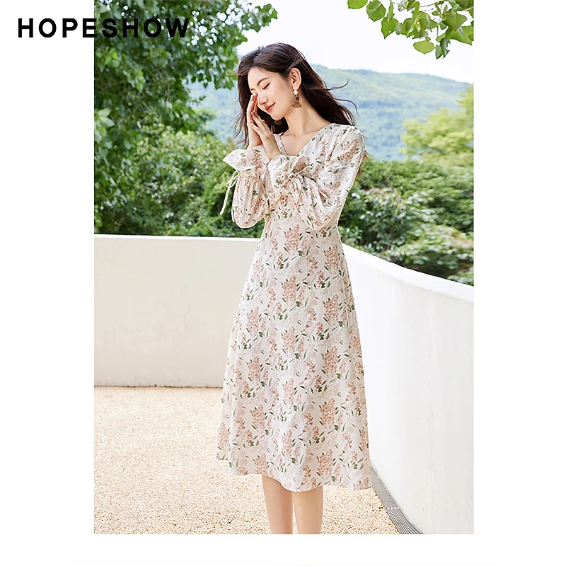 红袖春季新款女装 印花收腰V领套头茶歇连衣裙90223231601