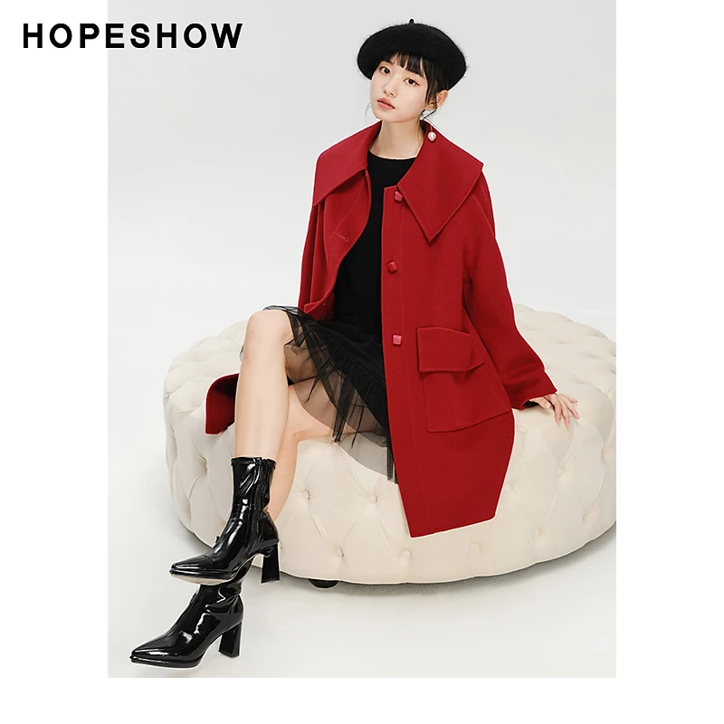 红袖冬季新款女装 A字单排扣大翻领双面呢大衣89222450826