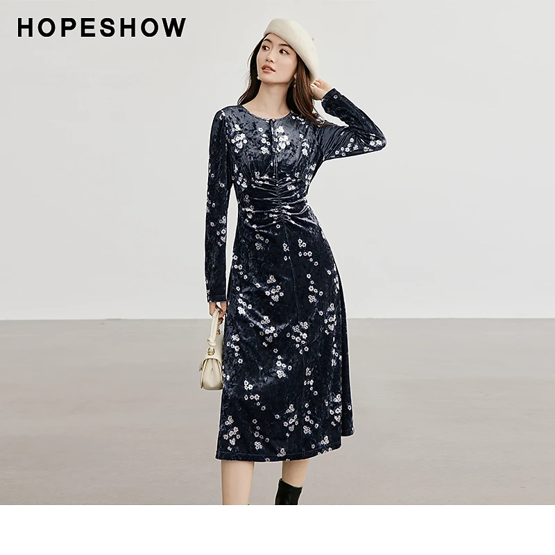 红袖冬季新款女装 丝绒侧拉收腰圆领套头印花裙90124361603