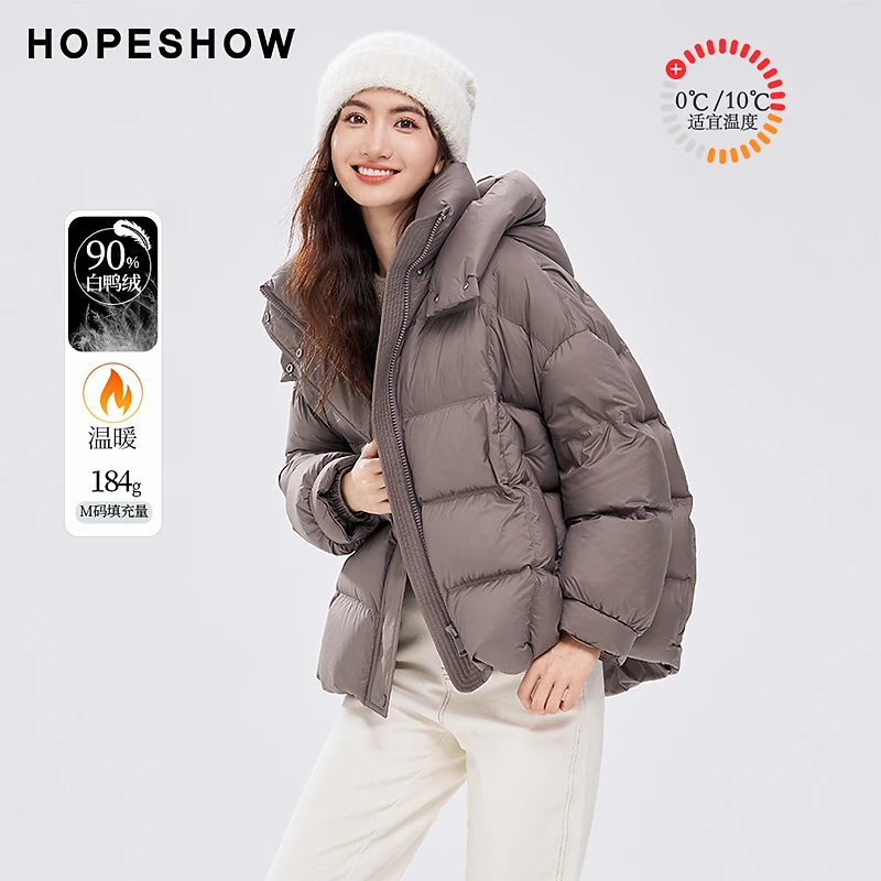 红袖冬季2023新款女装 绗缝落肩拉链立领连帽羽绒服90123350907