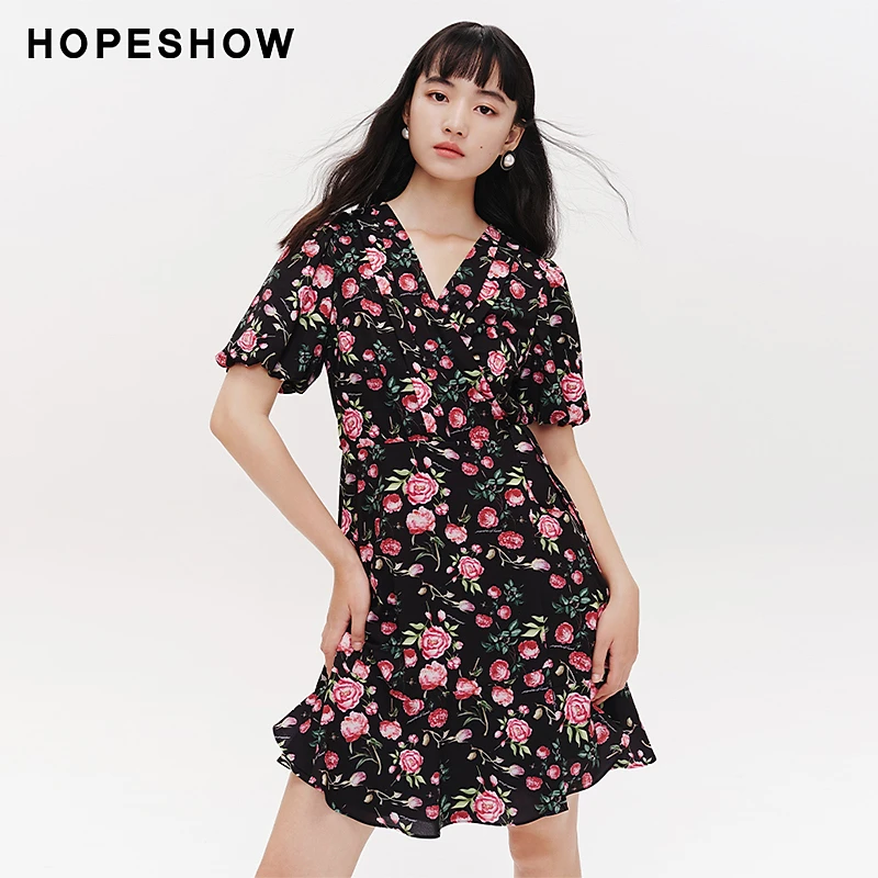 红袖新款女装 玫瑰印花V领套头茶歇裙89124091613