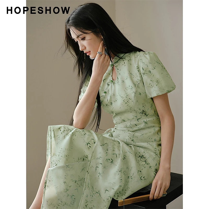 红袖夏季新款女装  新中式印花收腰立领连衣裙90124111608