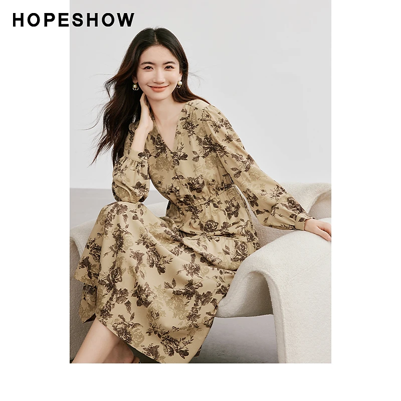 红袖新款女装 复古泡泡袖收腰V领套头印花裙90124351601