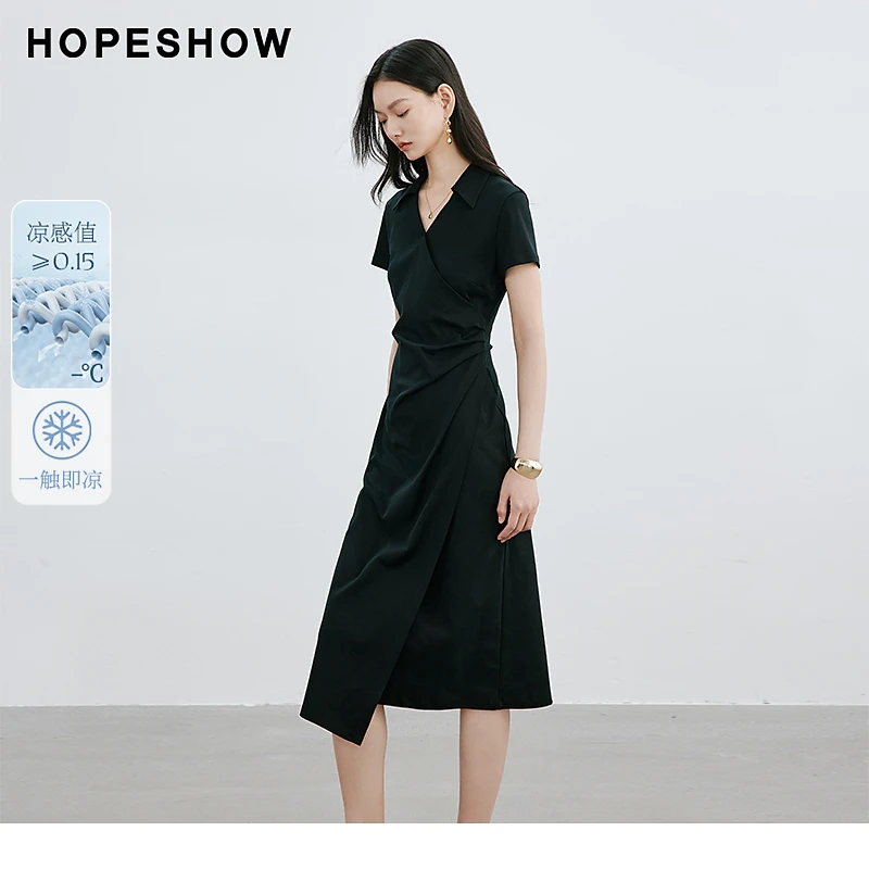 红袖夏季新款女装  凉感正肩翻领套头短袖连衣裙90124101604