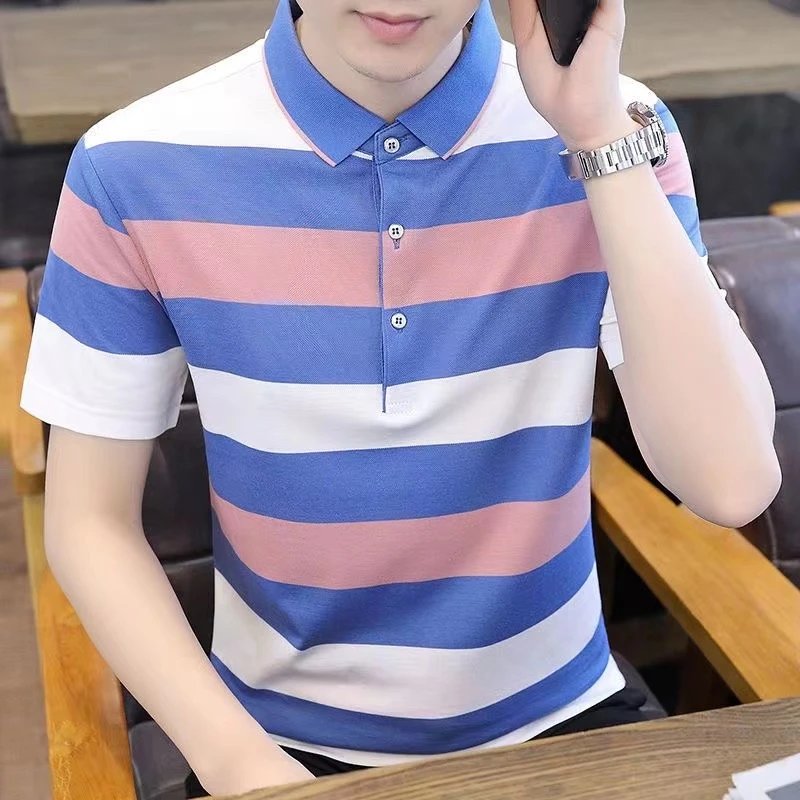 夏季男士条纹短袖t恤男装夏装中年男士翻领莫代尔棉短袖-21006